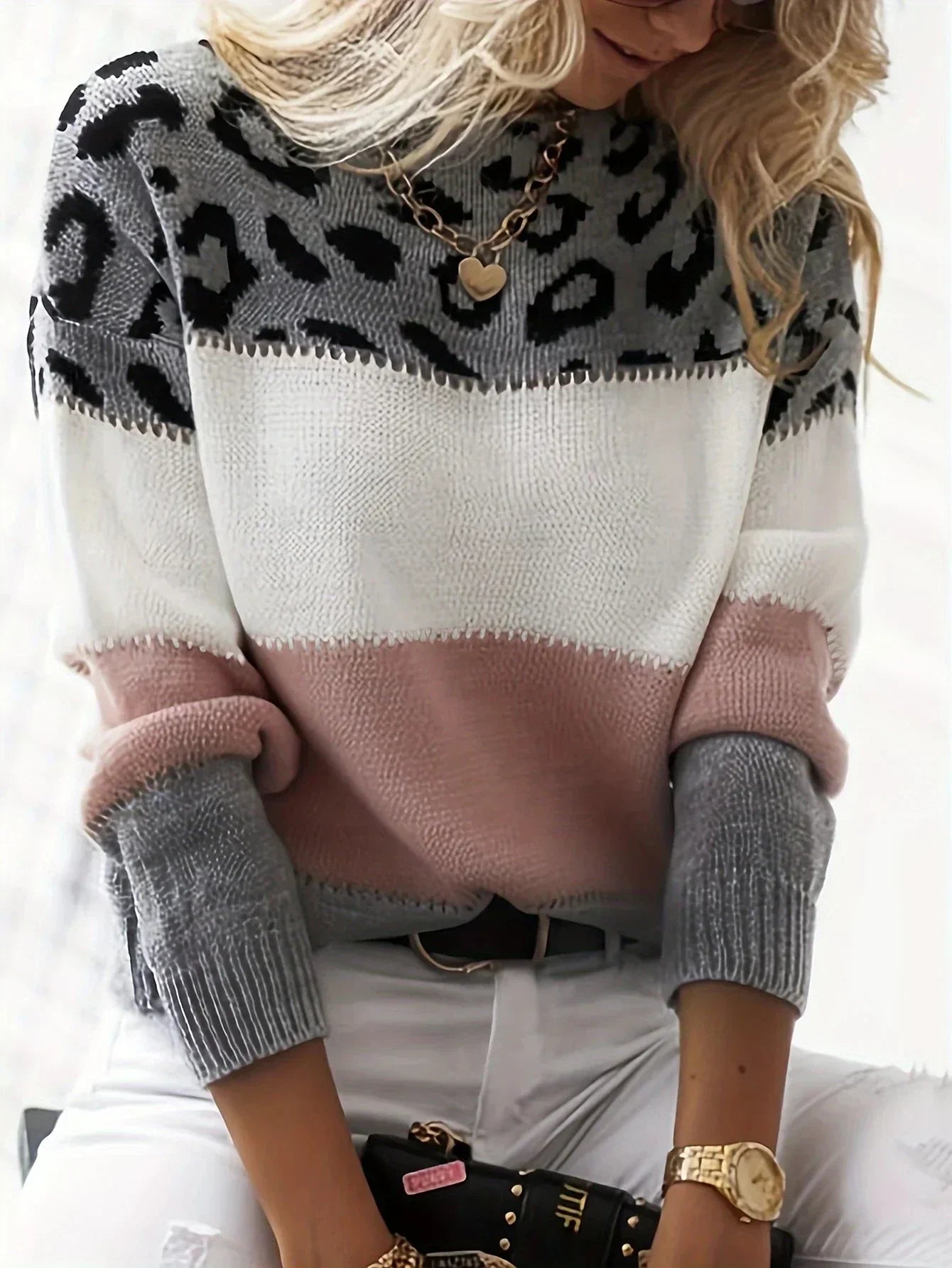 Jackie - Trendy Color Block Sweater with Leopard Print for Women