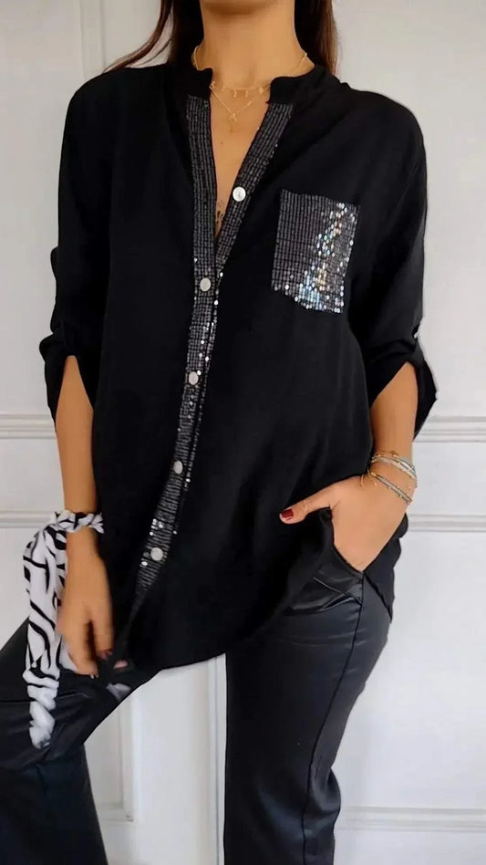 Adielle - Glamorous V-Neck Shirtwith Shimmering Sequins for Women