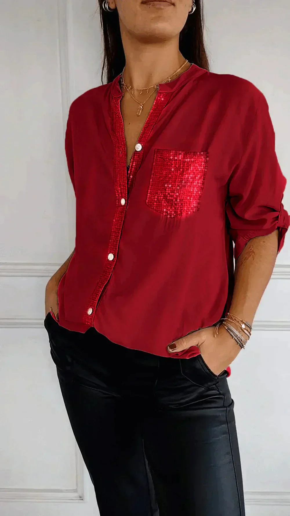 Adielle - Glamorous V-Neck Shirtwith Shimmering Sequins for Women