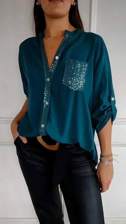 Adielle - Glamorous V-Neck Shirtwith Shimmering Sequins for Women