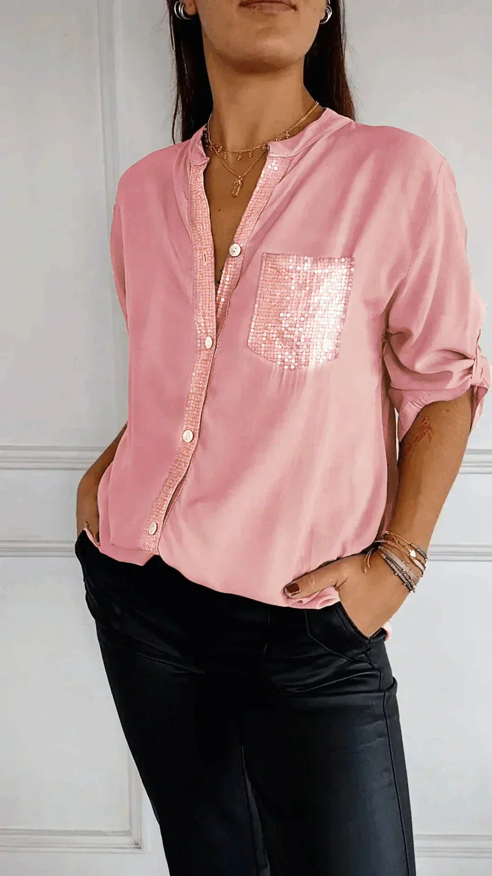 Adielle - Glamorous V-Neck Shirtwith Shimmering Sequins for Women