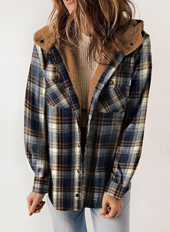 Sherry - Women's Hooded Wool Jacket Vest  with Checkered Pattern