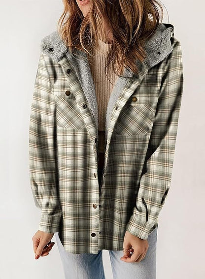 Sherry - Women's Hooded Wool Jacket Vest  with Checkered Pattern