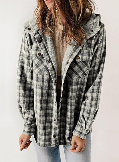 Sherry - Women's Hooded Wool Jacket Vest  with Checkered Pattern