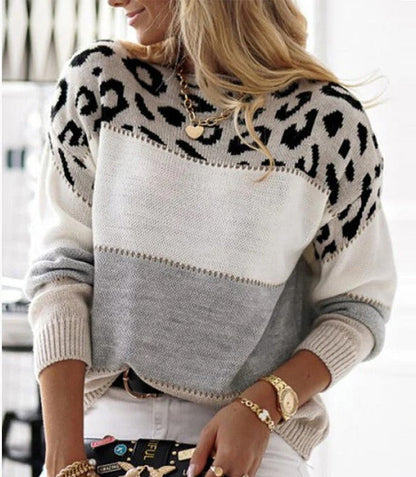 Jackie - Trendy Color Block Sweater with Leopard Print for Women