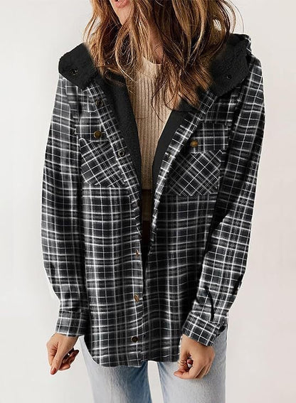 Sherry - Women's Hooded Wool Jacket Vest  with Checkered Pattern